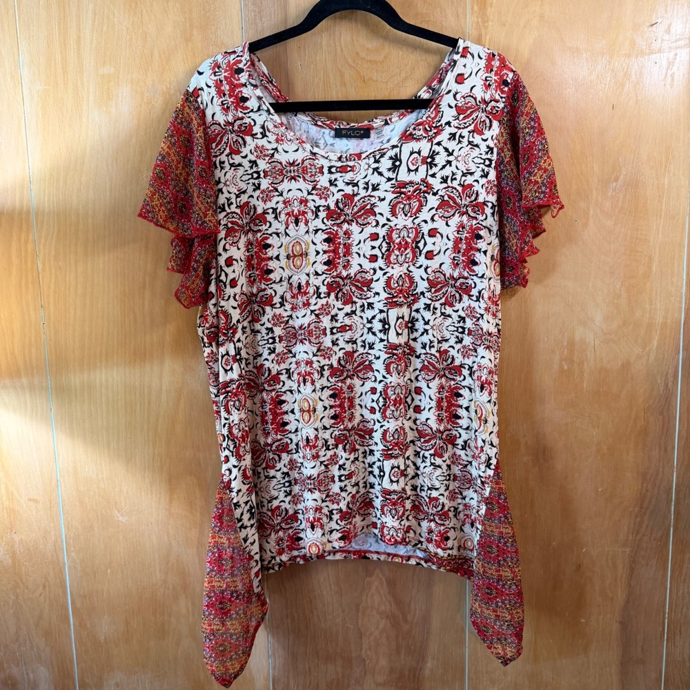 Boho FYLO Damask Paisley Mixed Print Handkerchief Hem Blouse Flutter Sleeve XL‎